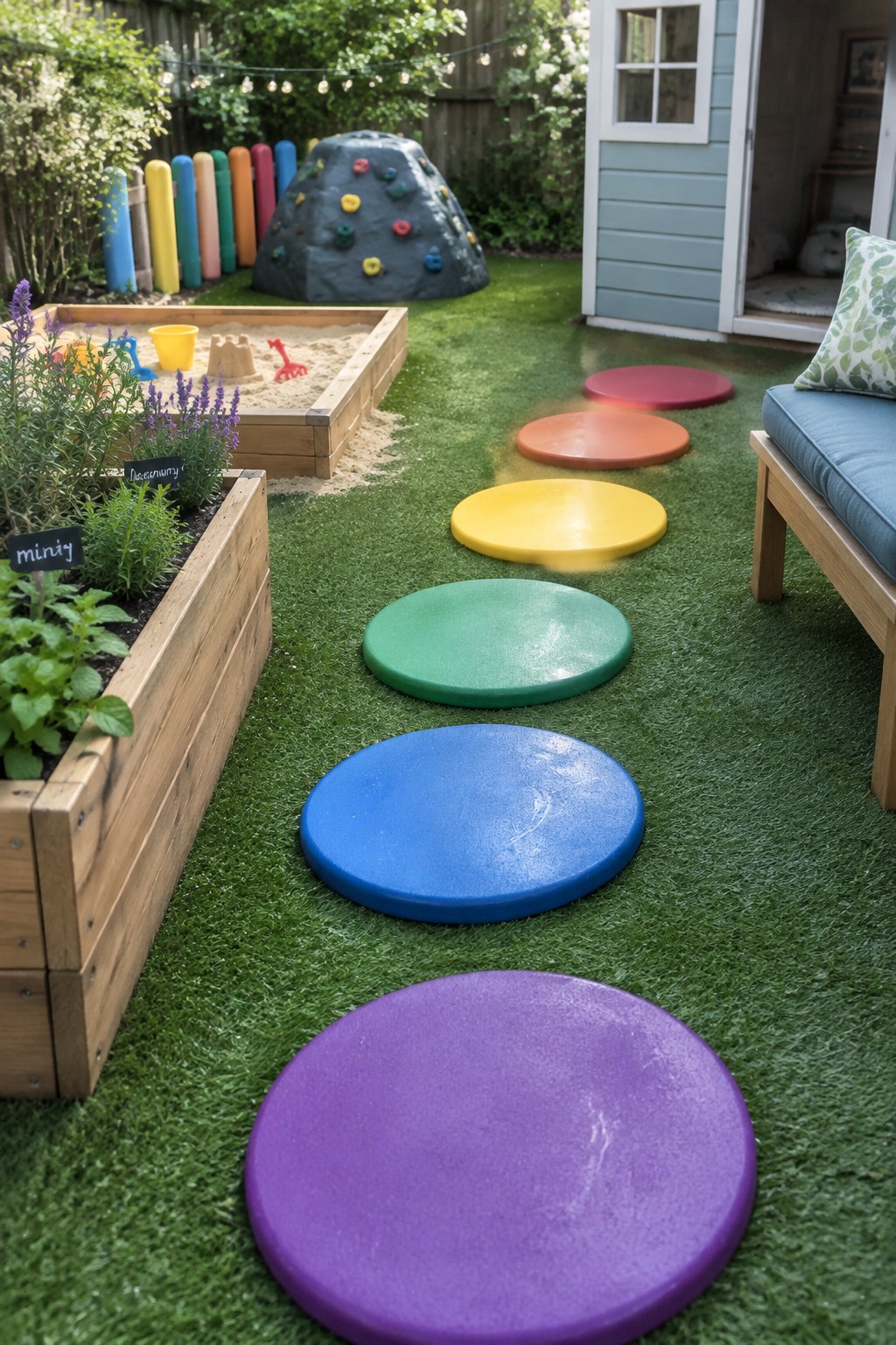 Colorful stepping stones path across green turf beside sandbox and climbing rock.