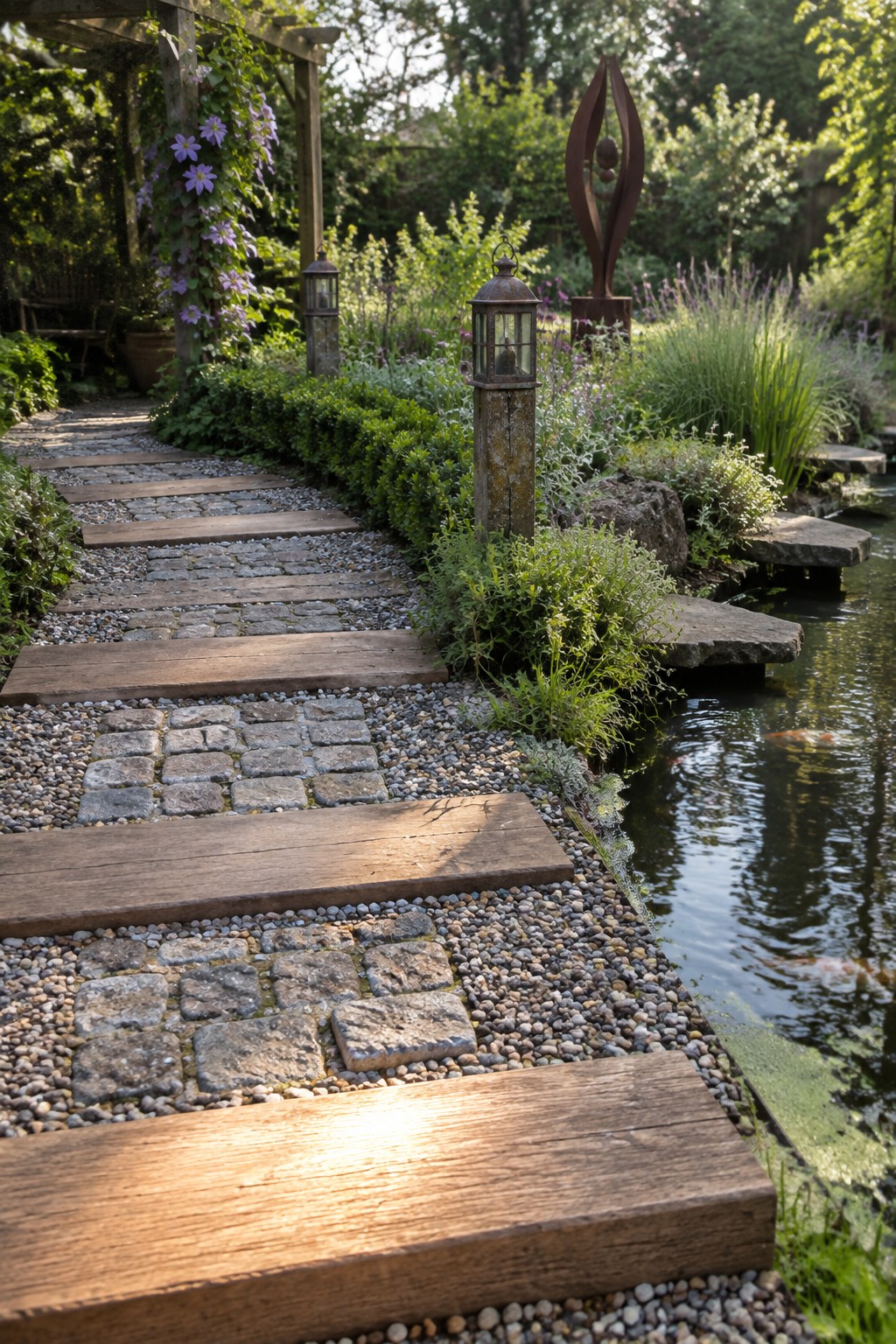 A garden path of wooden planks, cobblestones, and gravel leads to flat stepping stones crossing a pond with fish, surrounded by plants and lanterns.