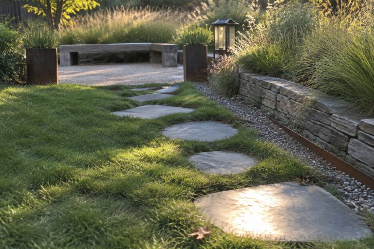 15 Fresh Backyard Pathway Ideas Using Stepping Stones A backyard path of irregular stepping stones set into green grass, bordered by gravel and rusted metal edging on the left, with a wooden bench visible in the distance.