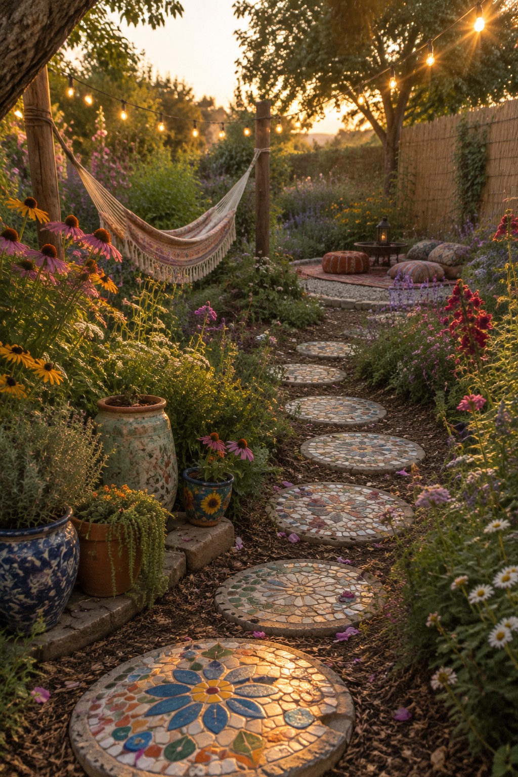 A garden path made of large round mosaic stepping stones winds through colorful flower beds with a hammock visible in the background.