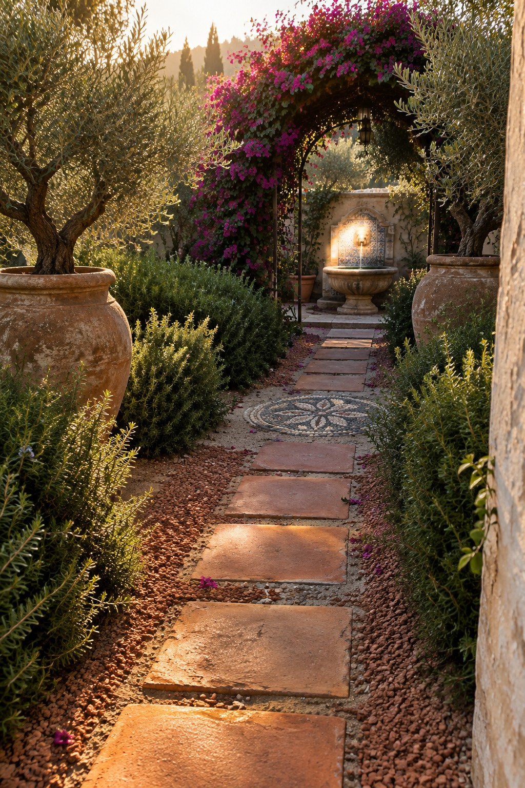 A narrow garden path of rectangular terracotta stepping stones set in reddish gravel, bordered by potted trees and flowering vines on an arched trellis.