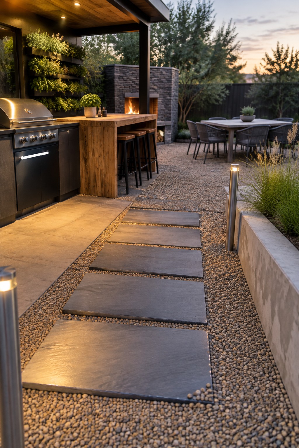 Modern outdoor kitchen with grill, bar stools, stone pathway, and patio dining at dusk.