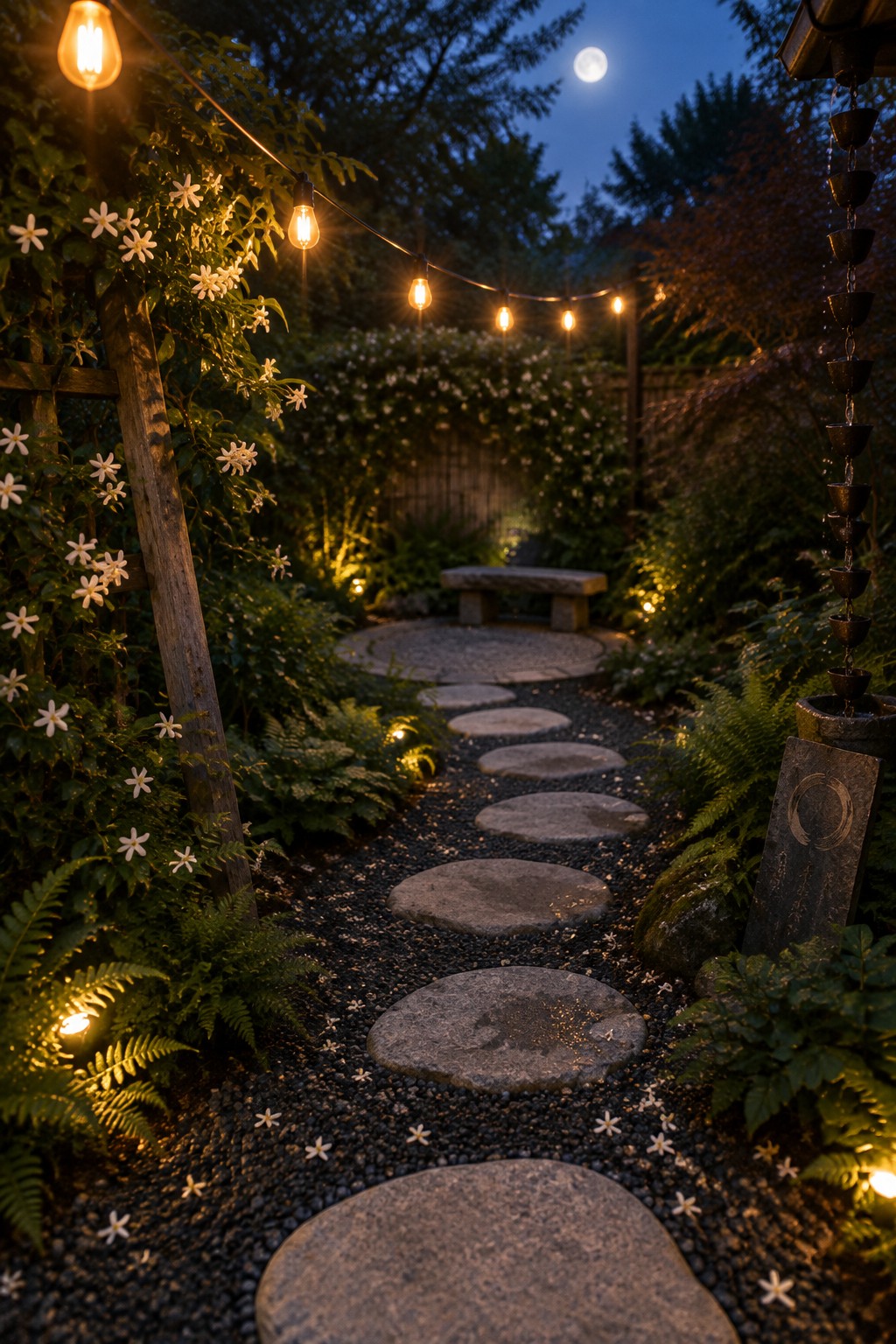 Moonlit garden path of stepping stones under string lights with white flowers and ferns