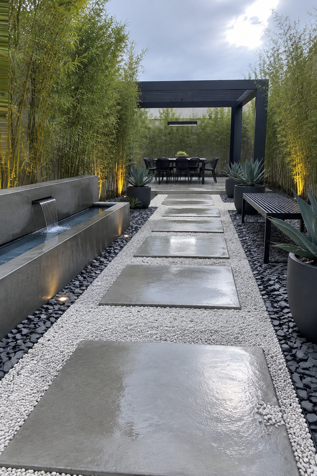A modern backyard path of large rectangular concrete stepping stones set in white gravel, running alongside a long concrete water channel with bamboo and agave plants on either side.