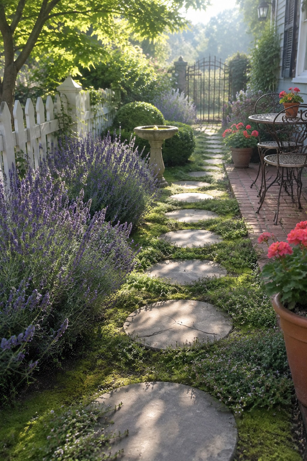 Mossy stepping stone path through lavender garden with birdbath and brick patio