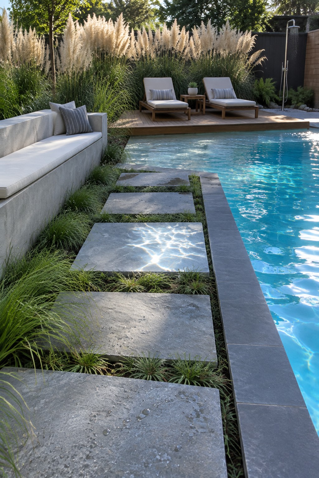 Rectangular gray stepping stones set in grass form a path beside a swimming pool, with lounge chairs on a deck and tall grasses in the background.