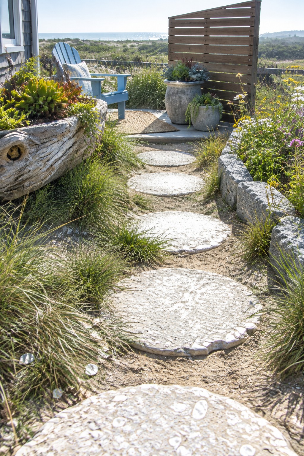A garden path of large round concrete stepping stones set in grass, bordered by plants and leading toward a wooden deck area.