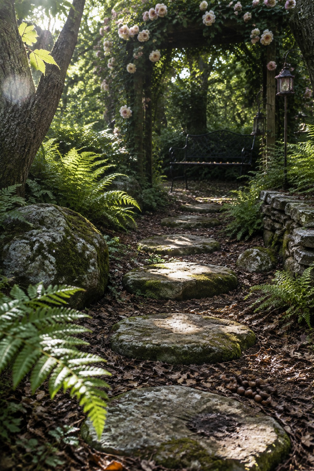 A winding garden path of large moss-covered stepping stones leads through ferns and trees toward a bench under a rose-covered arch.