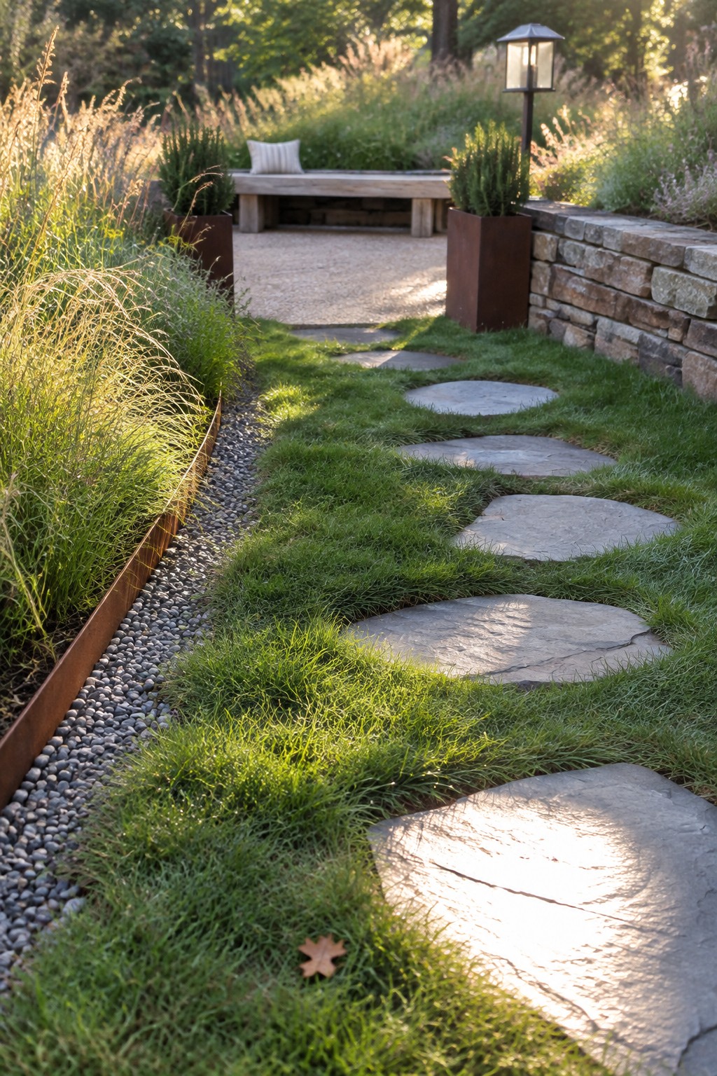 A backyard path of irregular stepping stones set into green grass, bordered by gravel and rusted metal edging on the left, with a wooden bench visible in the distance.
