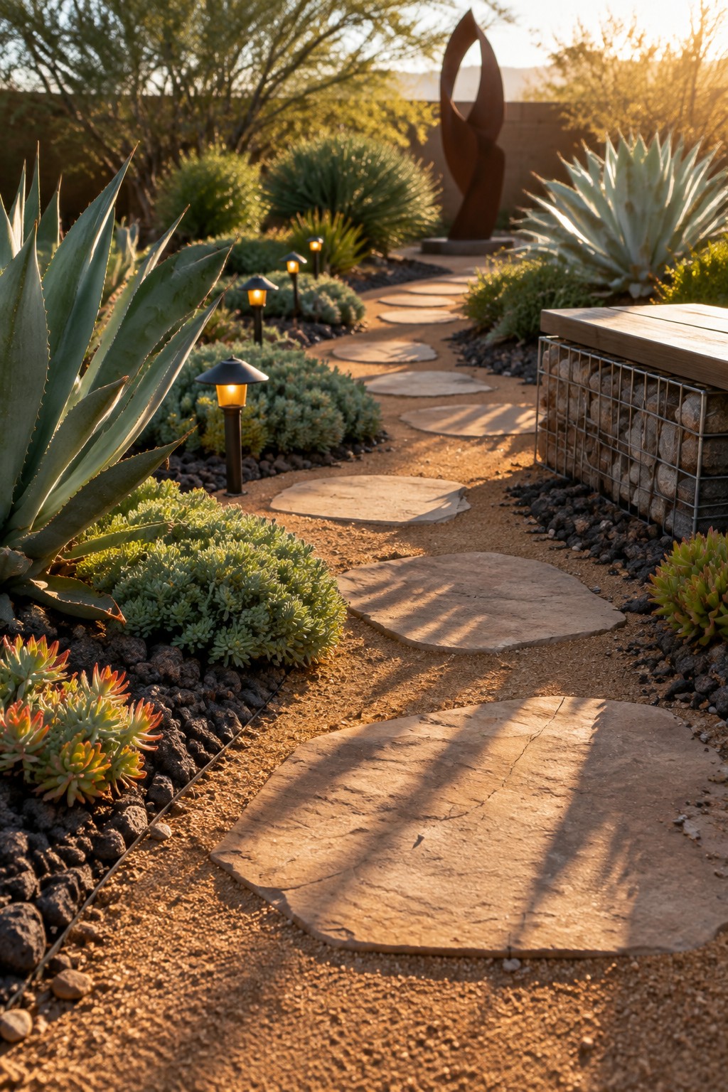 A winding garden path of large irregular stepping stones runs through beds of succulents and agave, with small path lights and a metal sculpture visible in the background.