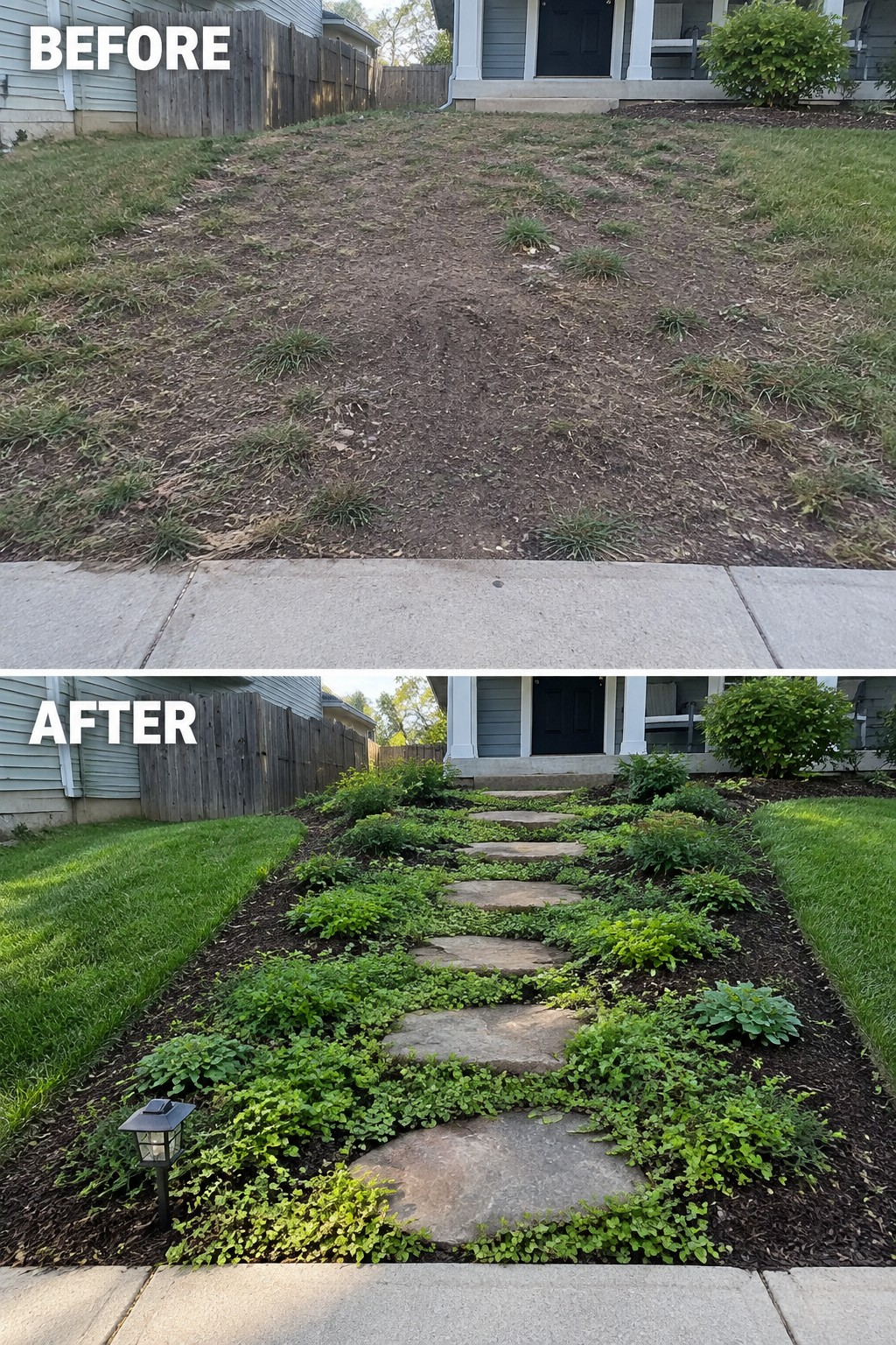 Before-and-after image of a bare sloped yard changed into a stone path lined with ground cover and mulch.
