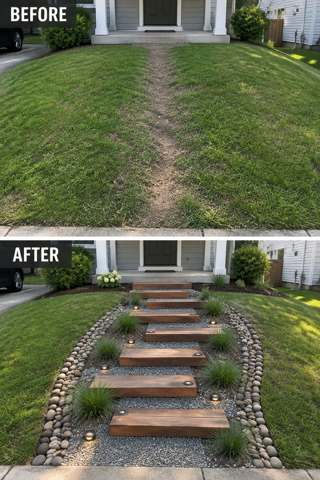 Before-and-after front path: dirt trail on grass upgraded to lit wooden steps with gravel and rocks.
