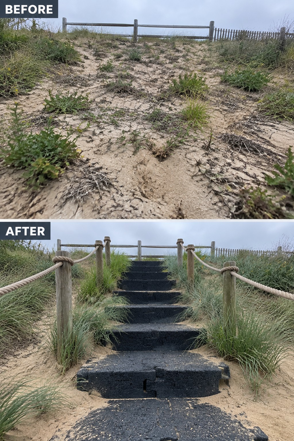 Before and after of black steps with rope railings on a sandy dune path.