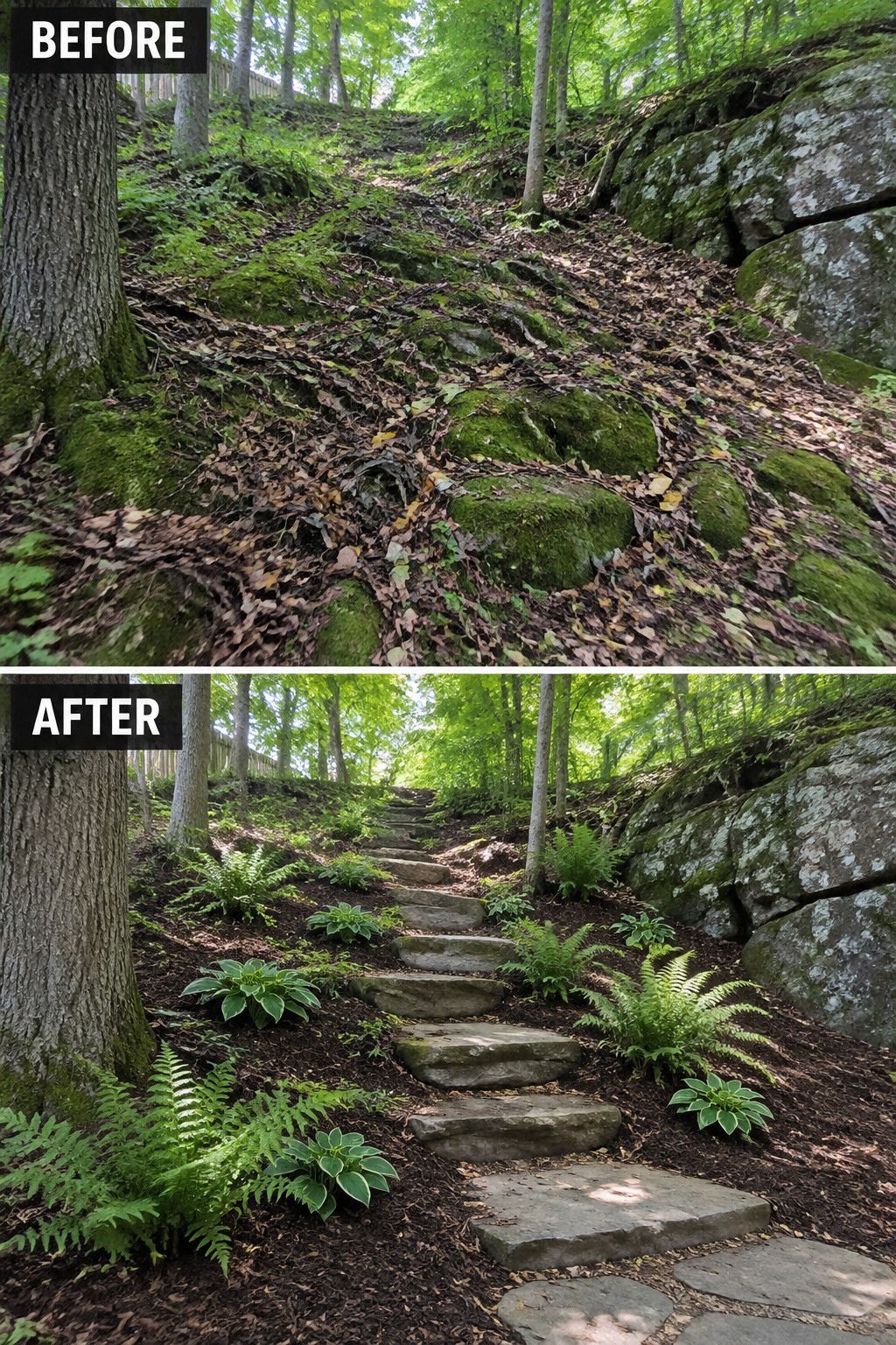 Before and after of mossy forest slope transformed into stone steps with ferns