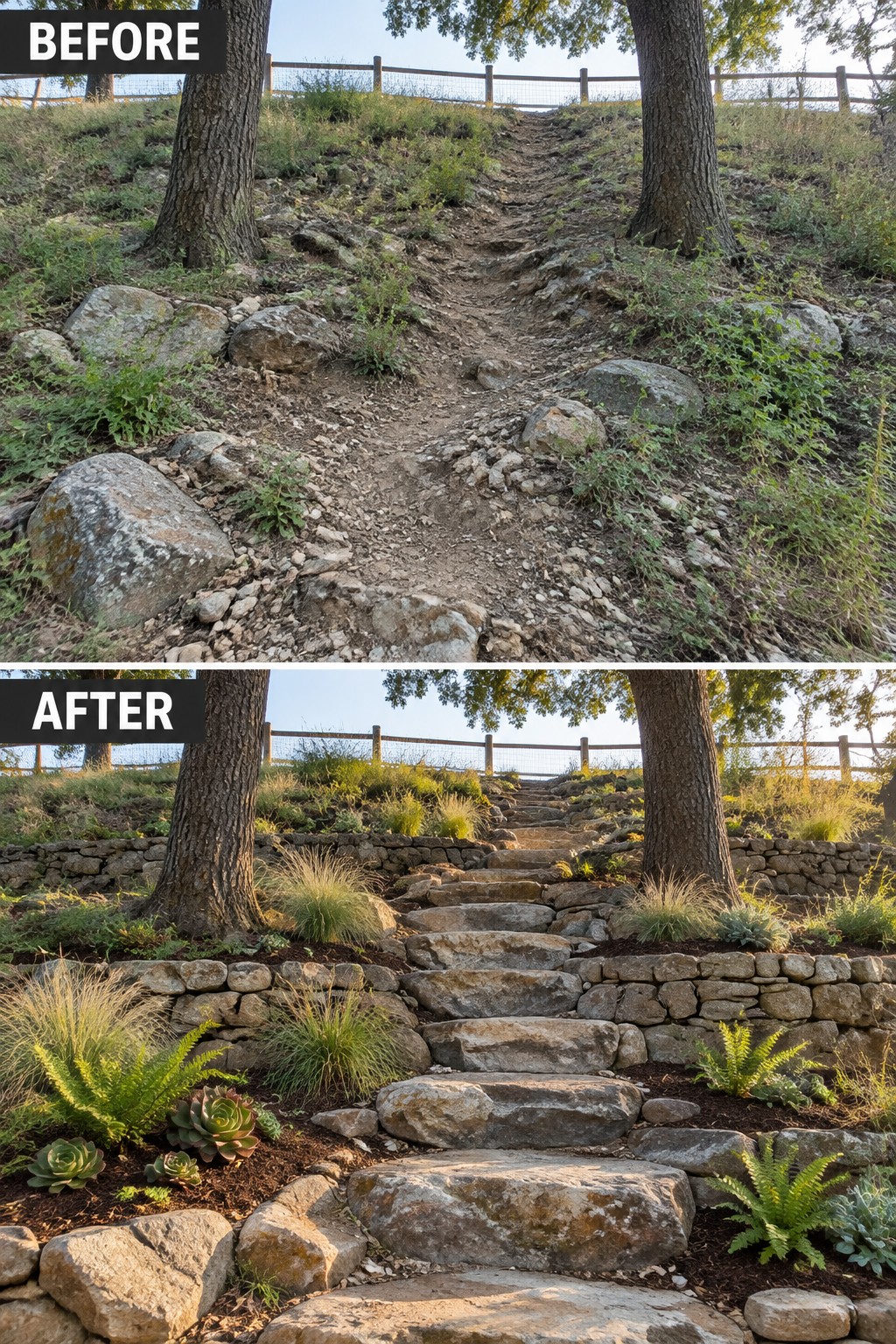 Before-and-after image of a steep dirt path with loose rocks changed into wide stone steps supported by retaining walls and planted borders.