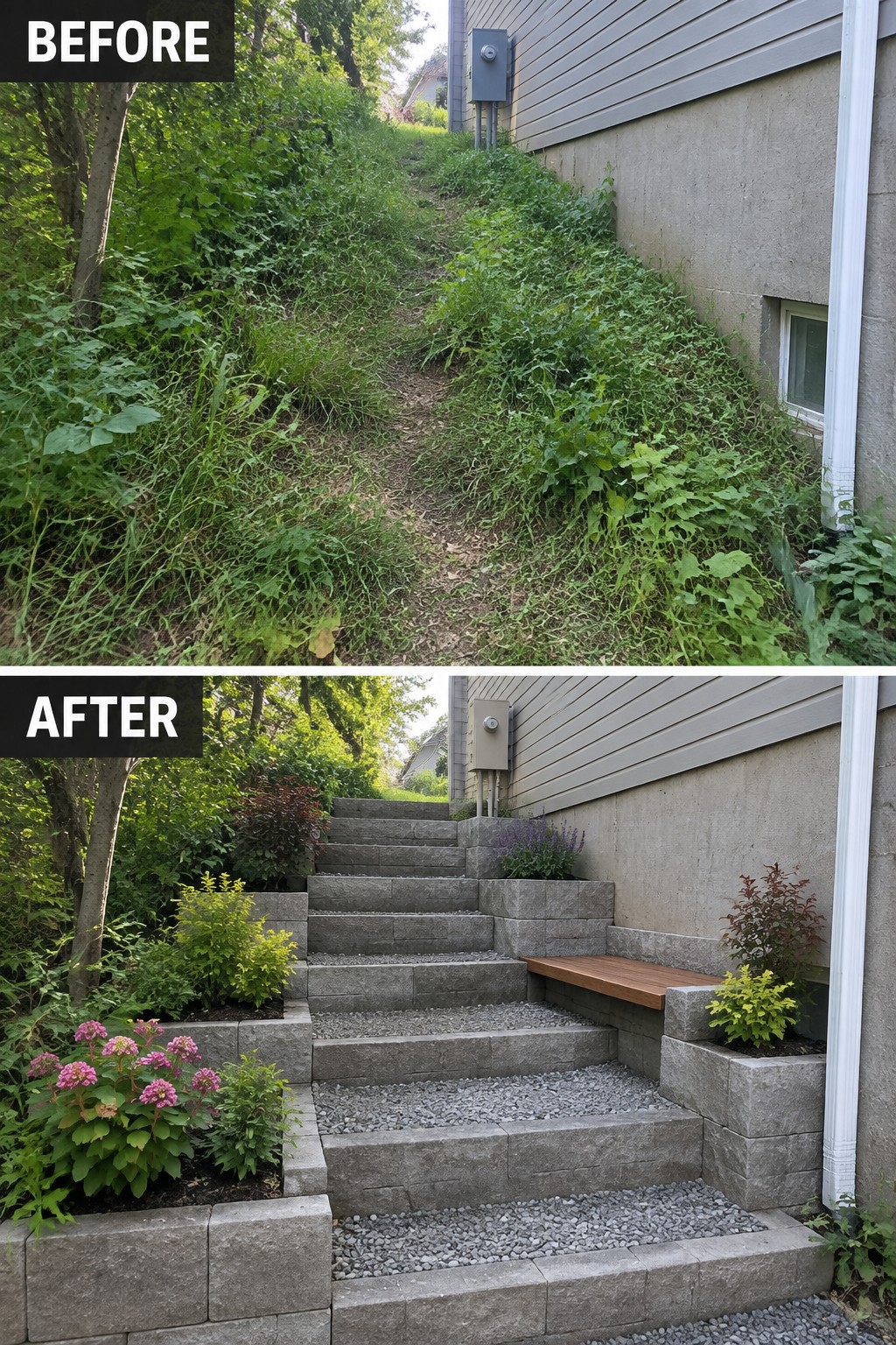 Before and after of overgrown slope transformed into stone stairs with plants and bench
