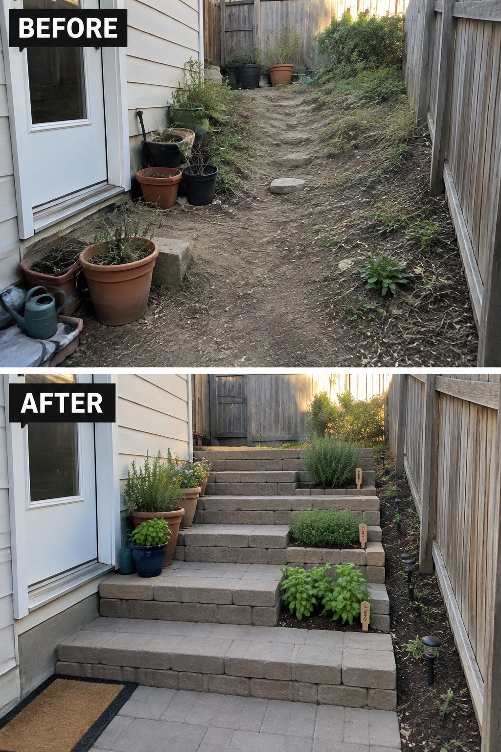 Before-and-after view of backyard dirt path transformed into neat stone steps with plants