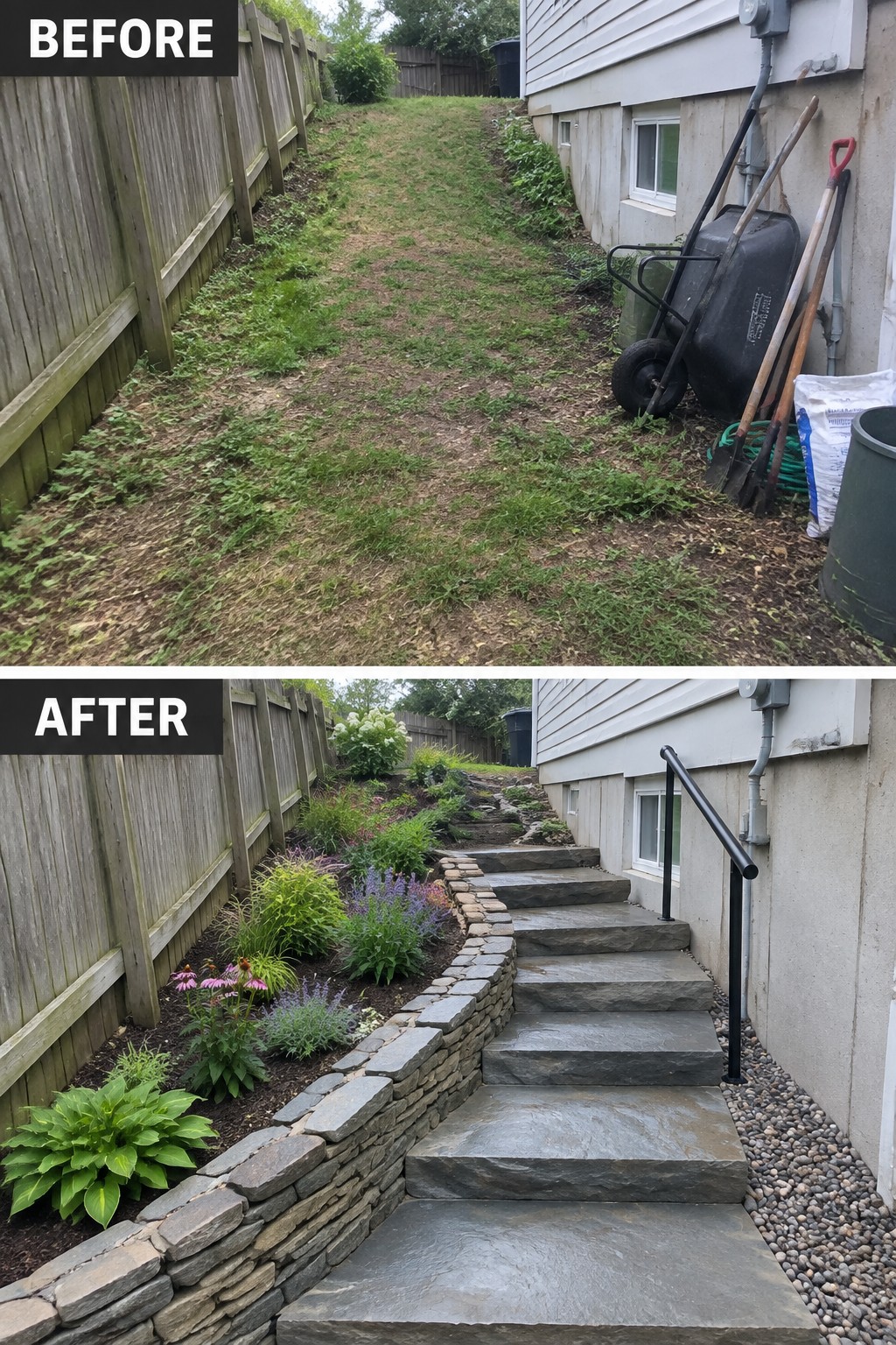 Before and after of sloped yard with new stone steps, wall, and garden plants.