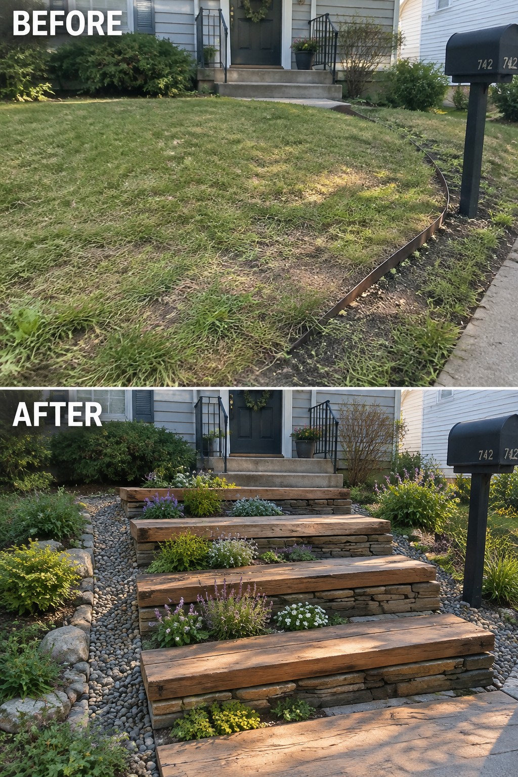 Before-and-after image of a sloped front lawn changed into tiered wooden steps with stone walls and planted borders.