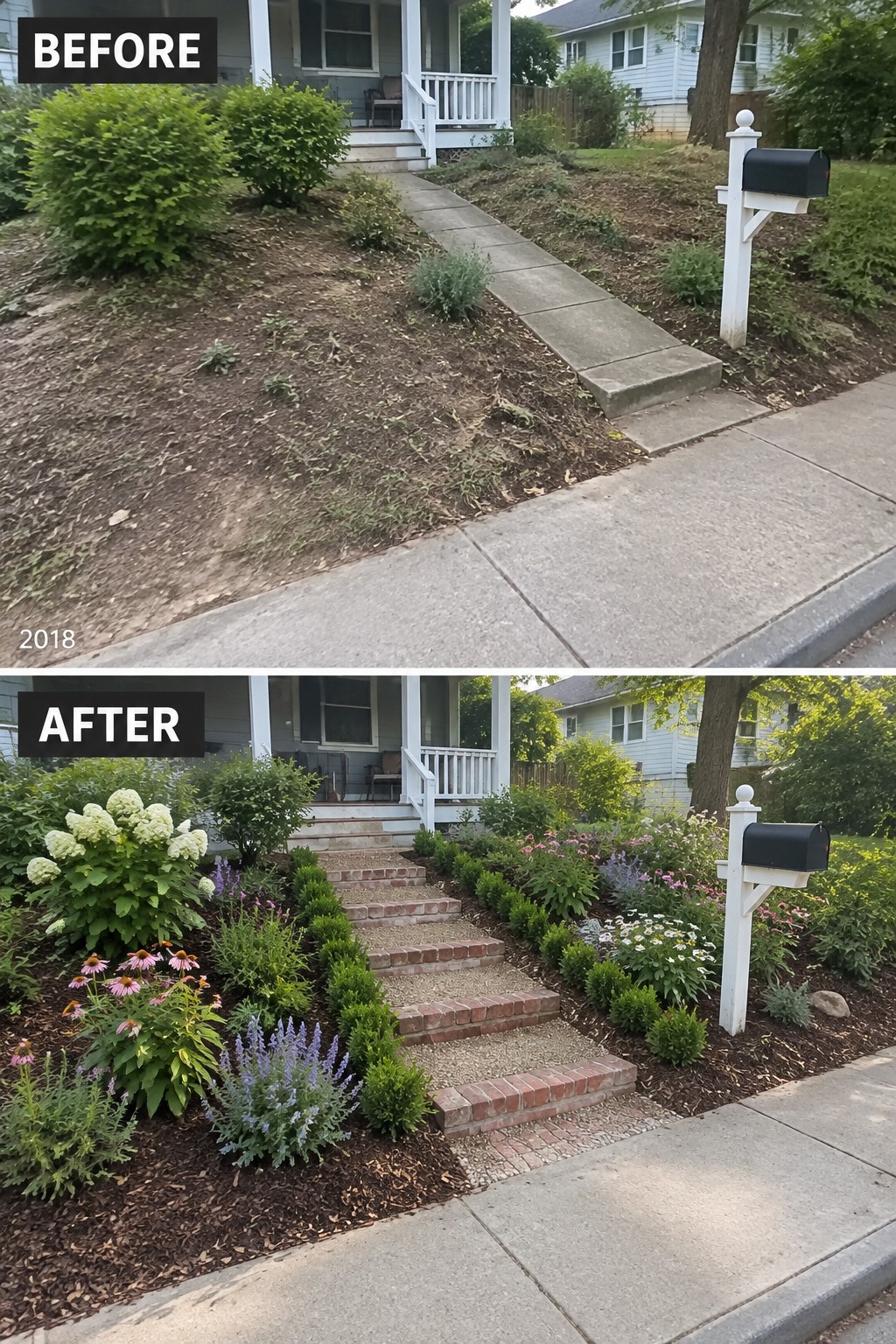 Before-and-after image of a sloped front yard where plain concrete steps were updated with brick edging and gravel.