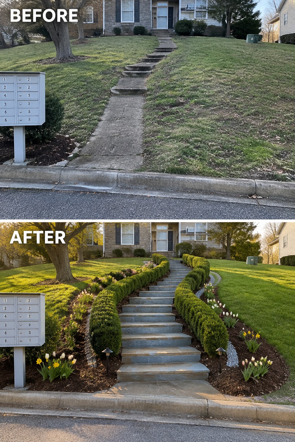 Before and after of front steps: plain concrete path versus stone stairs with flowers and shrubs