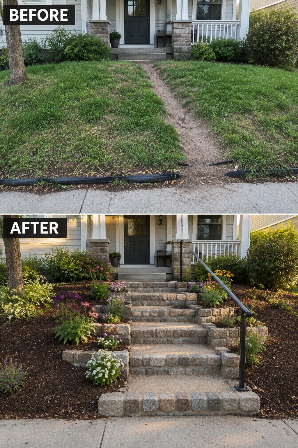 Before grassy slope with path, after stone steps with colorful garden and handrail