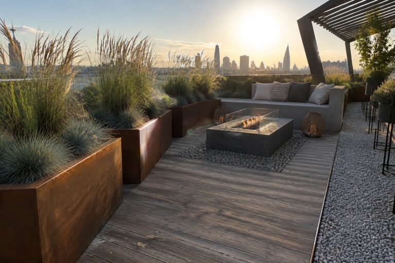 Rooftop deck with large rusted metal raised beds containing tall ornamental grasses, a concrete fire pit, wooden flooring, and a city skyline at sunset.