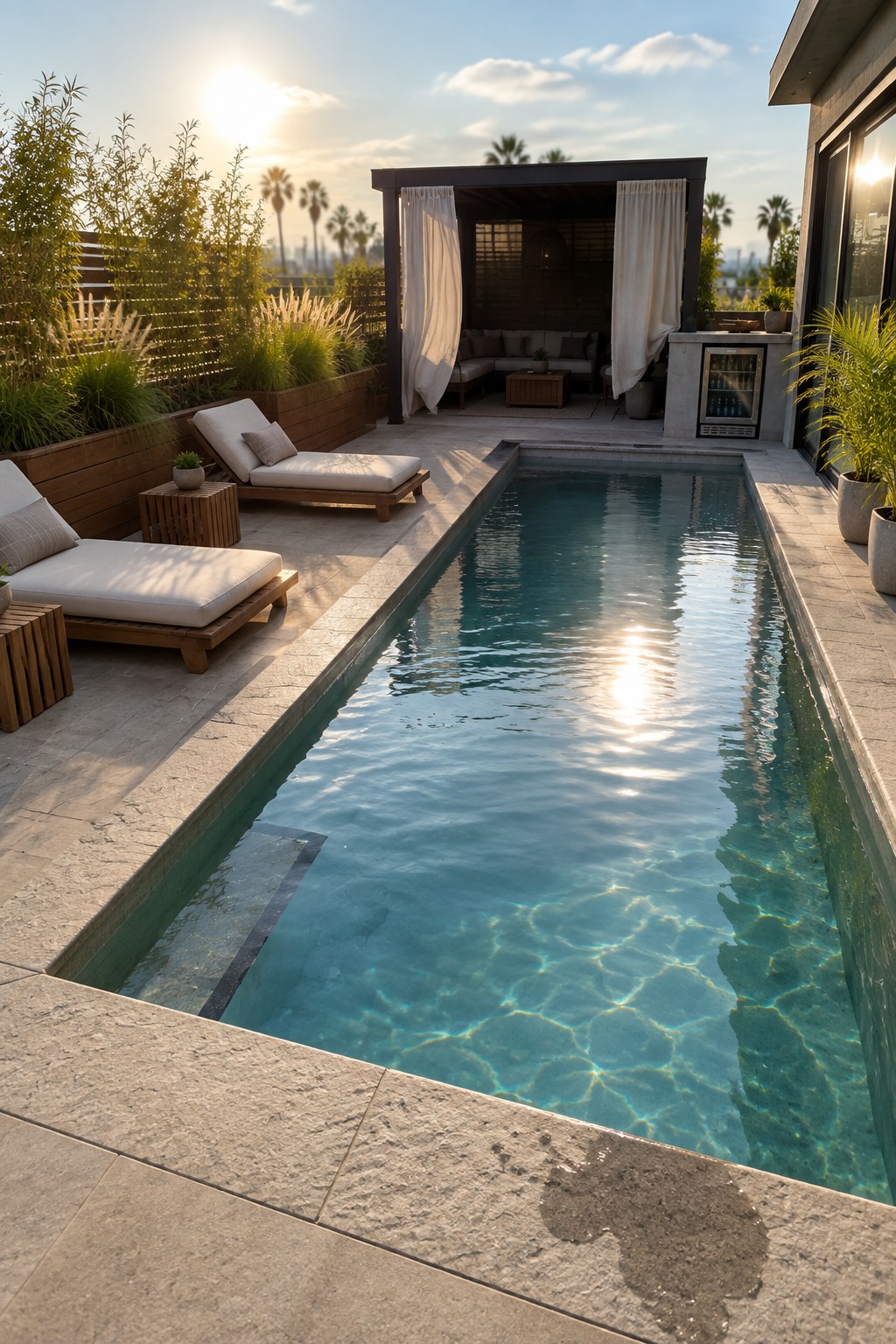 Rooftop pool area with rectangular turquoise pool, wooden raised planters holding tall ornamental grasses, lounge chairs on stone deck, and a dark cabana with white curtains in the background.