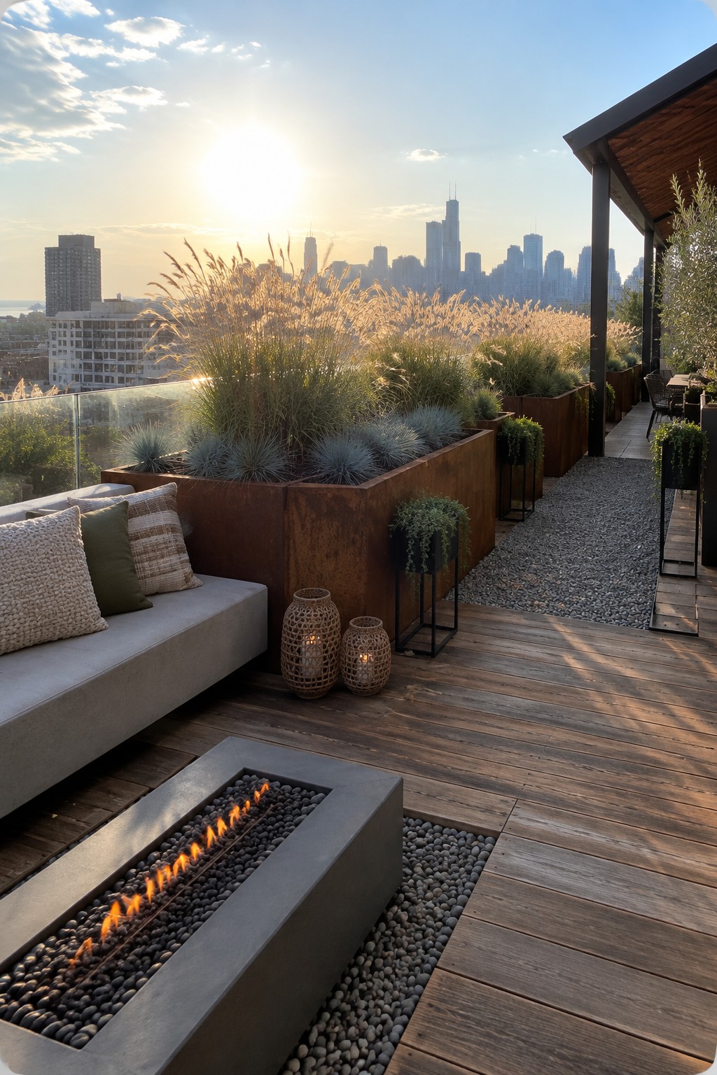 Rooftop deck with large rusted metal raised beds containing tall ornamental grasses, a concrete fire pit, wooden flooring, and a city skyline at sunset.