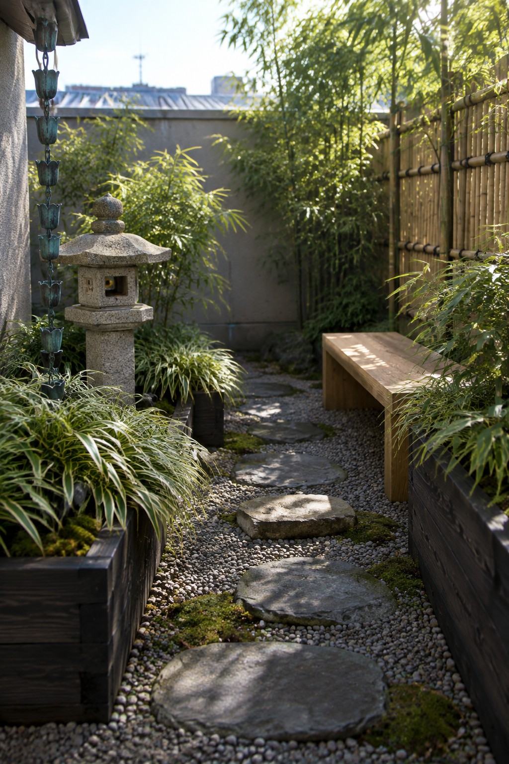 A narrow garden path of large stepping stones set in gravel, lined on both sides by dark wooden raised beds planted with green ornamental grasses and other foliage, with a stone lantern visible on the left.