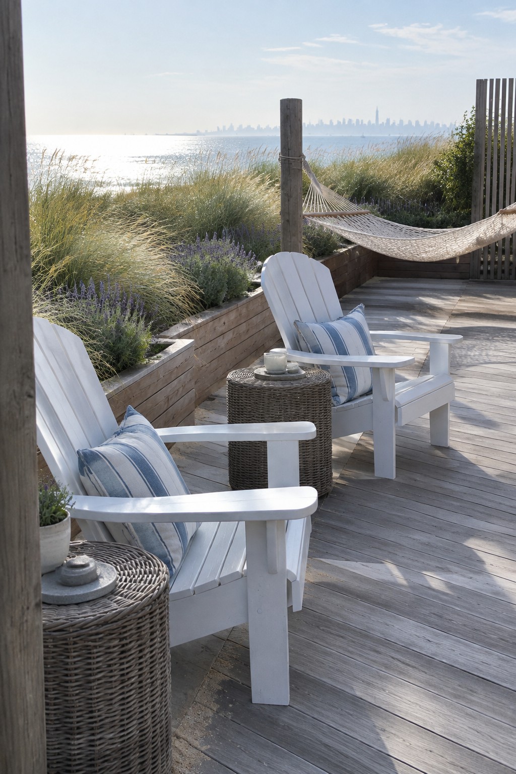 White Adirondack chairs with striped cushions on deck overlooking water and skyline