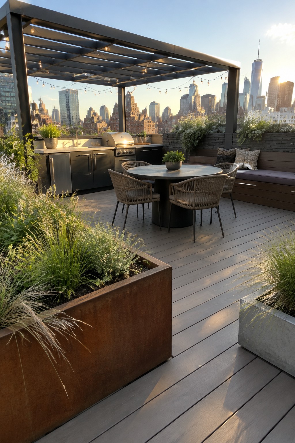 Rooftop terrace with a round dining table, woven chairs, outdoor kitchen, and raised metal planters holding tall ornamental grasses against a city skyline.
