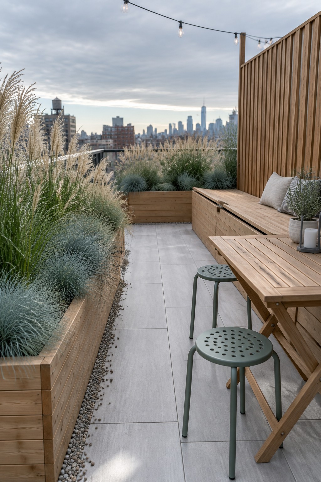 Rooftop terrace with wooden raised beds planted with tall ornamental grasses, a wooden table with stools, and a skyline view in the background.