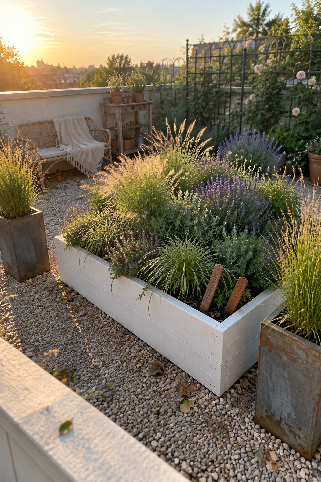 A white wooden raised bed filled with tall ornamental grasses and purple flowering plants sits on a gravel rooftop terrace with metal planters nearby.