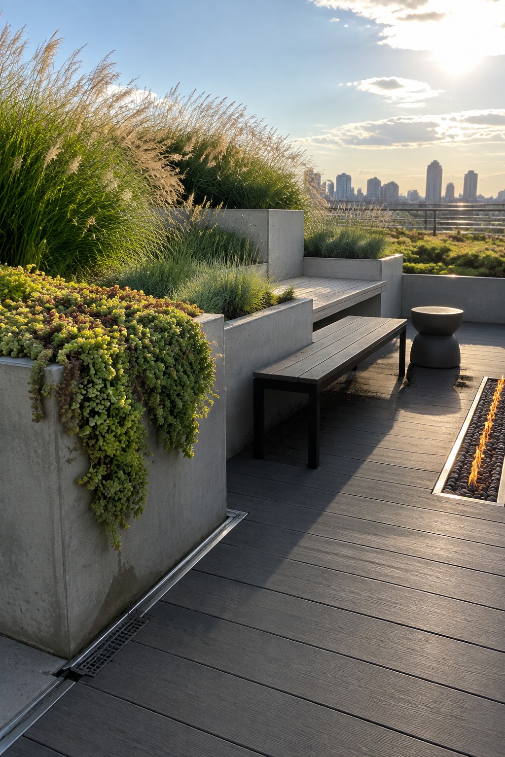 A rooftop terrace with dark wood decking, concrete raised beds containing tall ornamental grasses and cascading succulents, a wooden bench, a round stool, and a linear fire pit with a city skyline in the background.