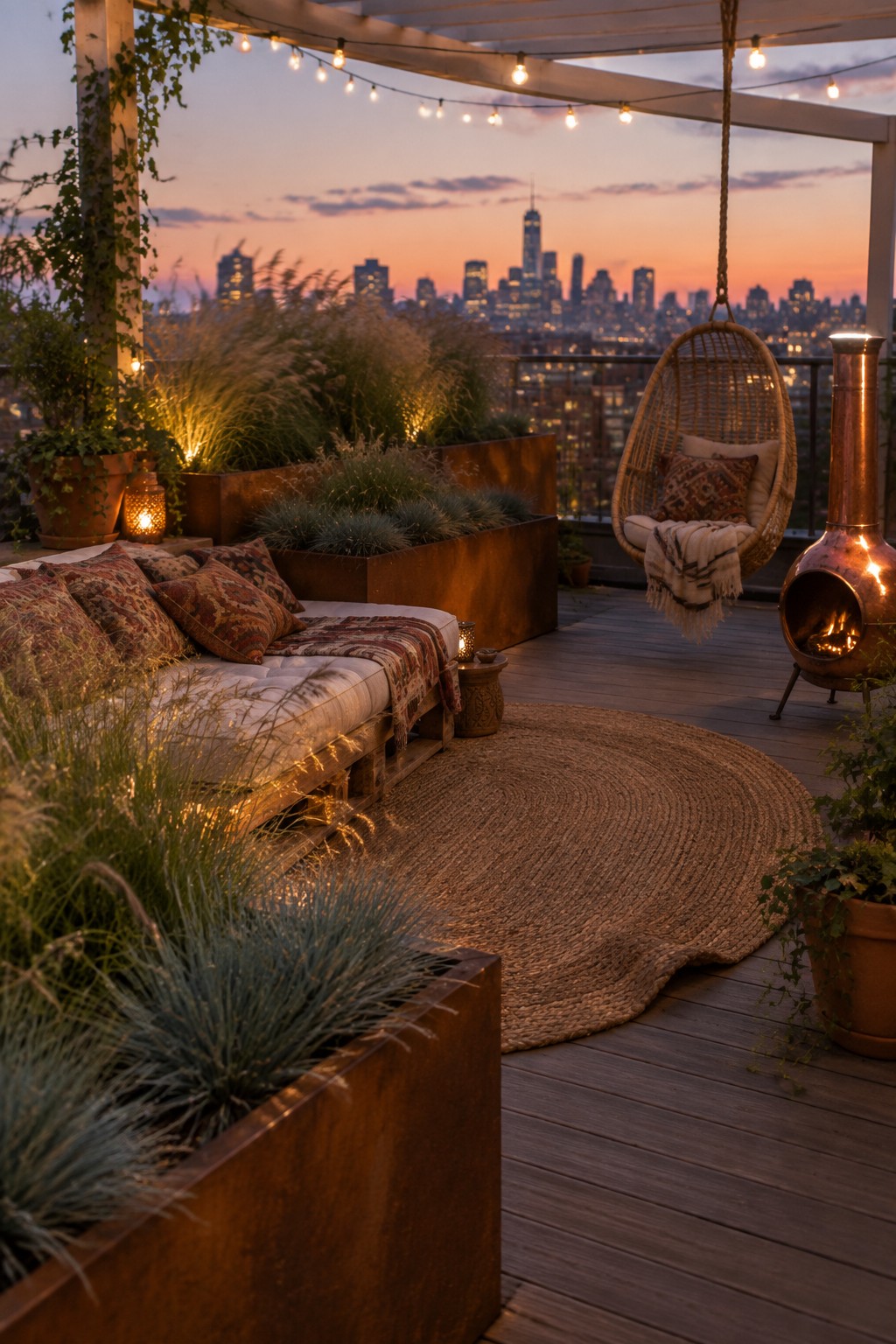 Rooftop terrace with multiple raised metal planters filled with ornamental grasses, a pallet daybed, hanging chair, and city skyline view at dusk.