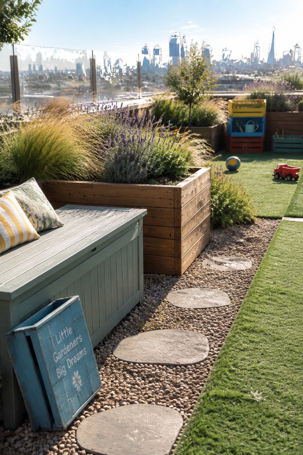 A rooftop garden shows wooden raised beds filled with ornamental grasses and lavender beside a gravel path of stepping stones, a blue storage bench, and a city skyline in the background.