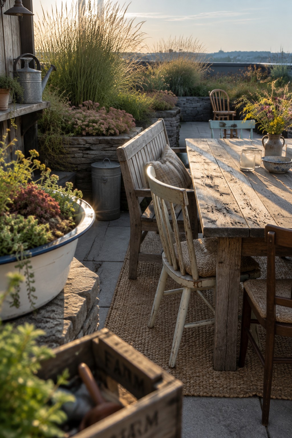 A rooftop terrace features a rustic wooden dining table with mismatched chairs on a woven rug, surrounded by raised stone planters holding tall ornamental grasses, flowering perennials, and a metal watering can on a shelf.