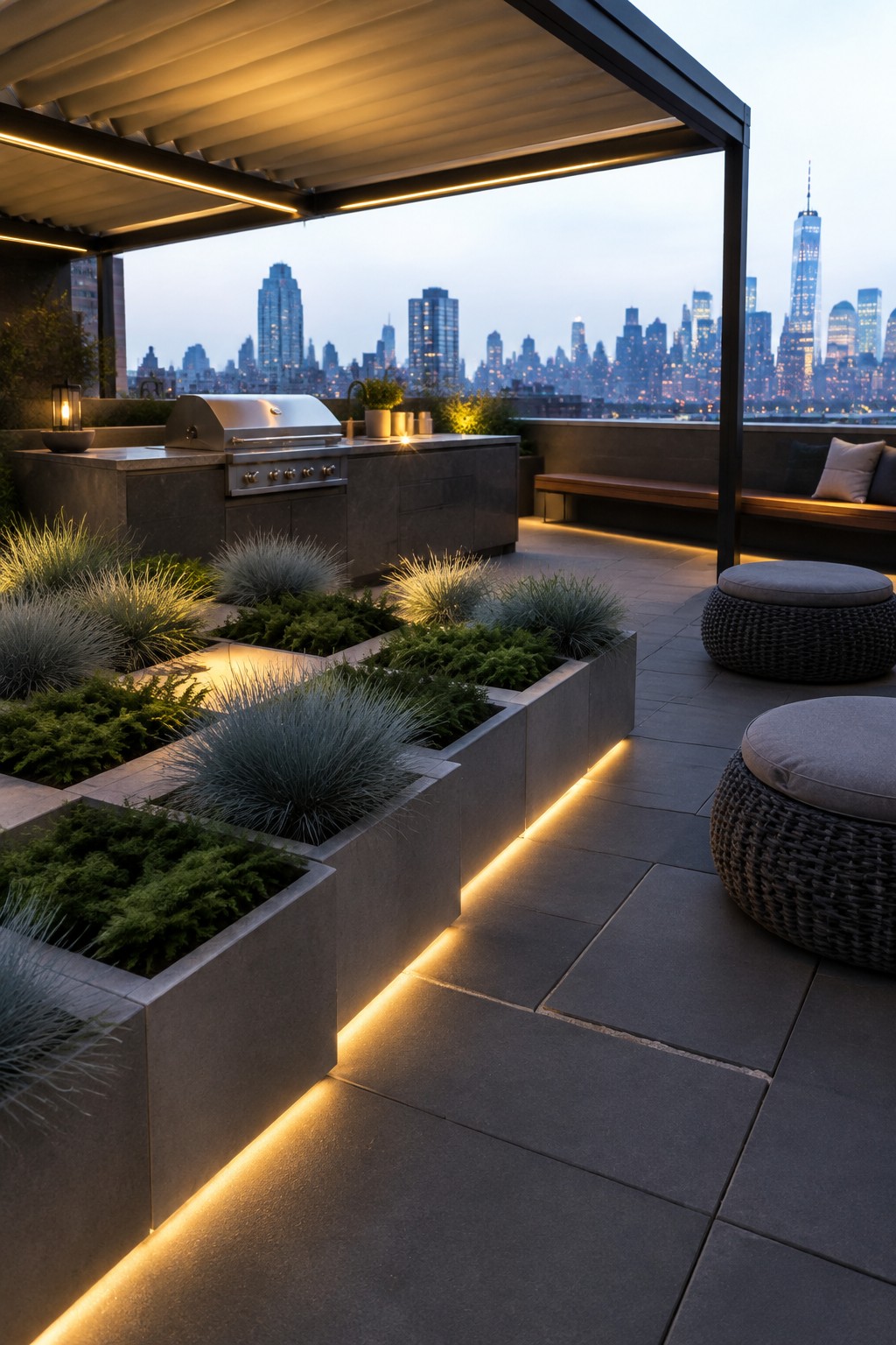 Rooftop terrace with linear concrete raised beds planted with ornamental grasses, next to an outdoor kitchen and woven seating, with a city skyline at dusk.