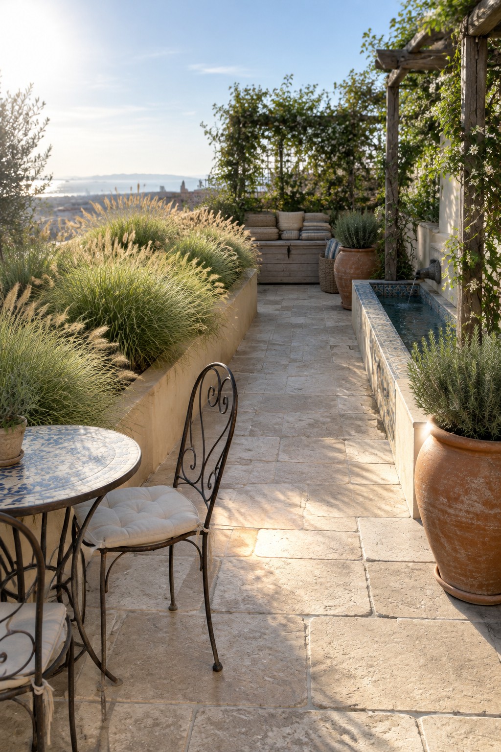 A rooftop terrace lined with raised stone beds of tall ornamental grasses, a narrow paved path, and a tiled water channel along one side.