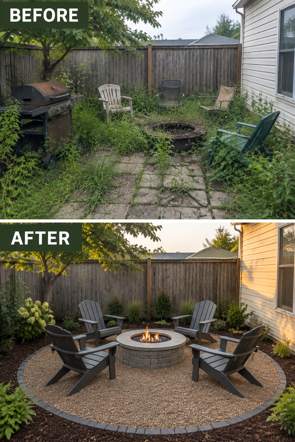 Before and after backyard makeover: overgrown weeds to landscaped fire pit with gray chairs