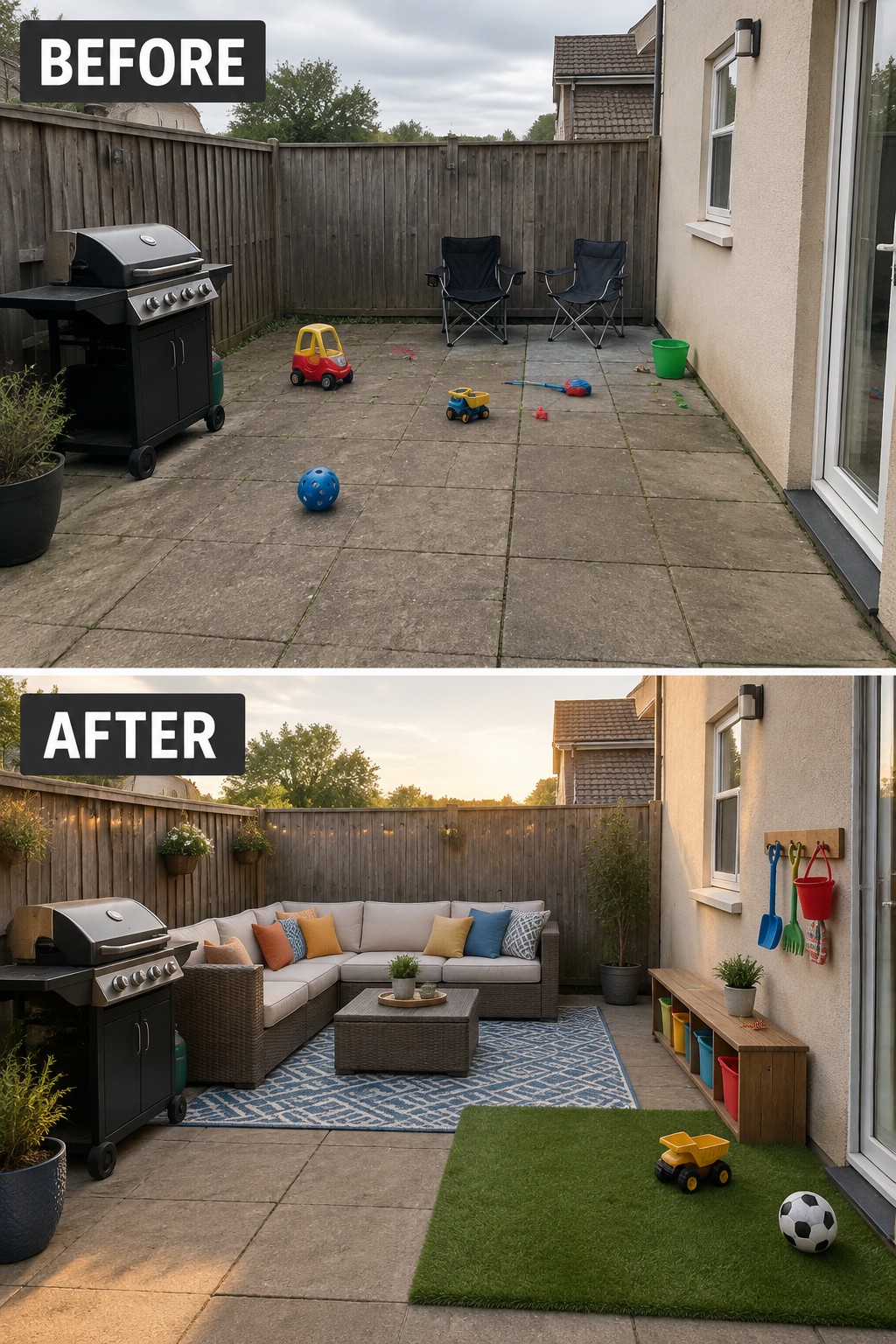 Before-and-after backyard patio makeover from cluttered concrete to cozy furnished lounge