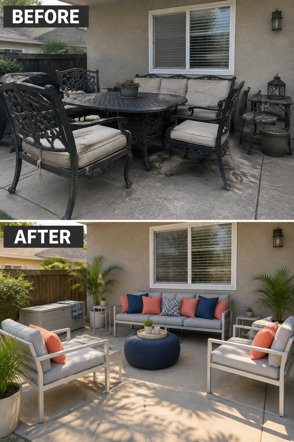 Before-and-after patio with dark worn furniture above modern light gray seating below