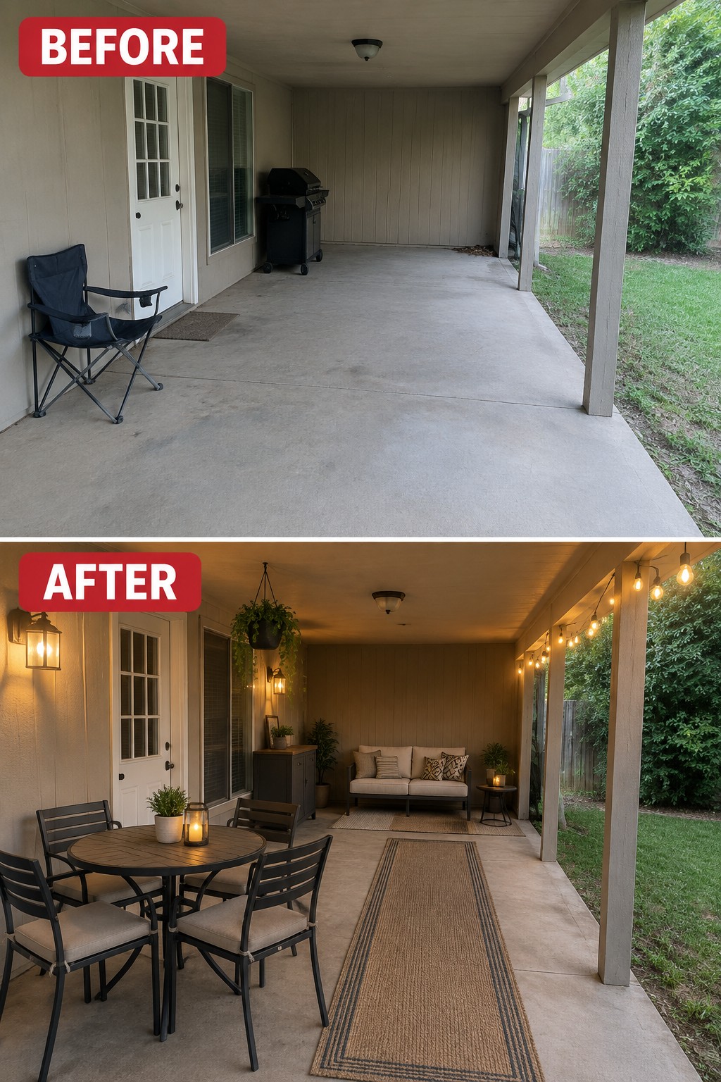 Before-and-after view of patio with added furniture, rugs, plants, and string lights.