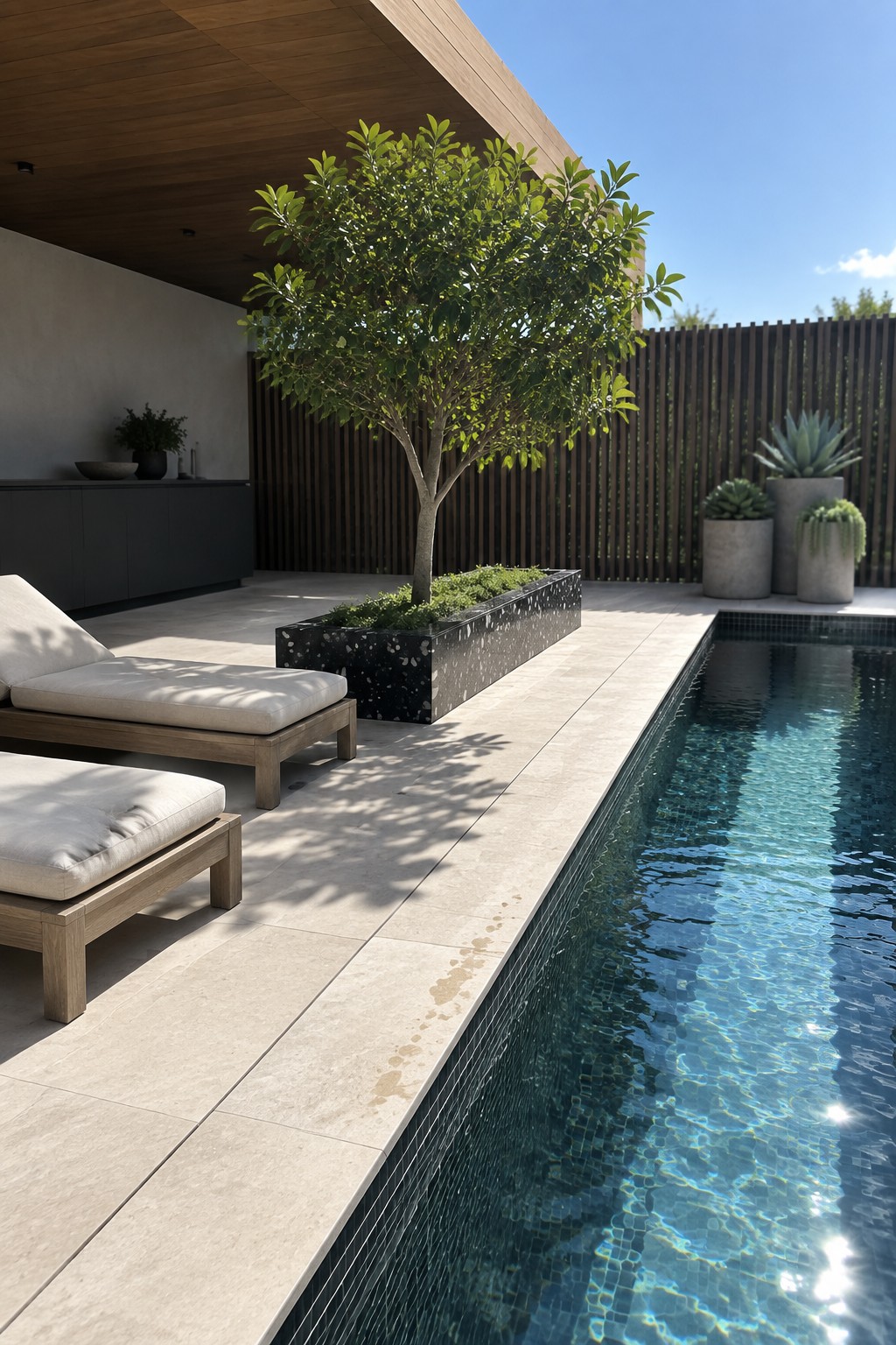 A modern courtyard features a large tree in a rectangular black speckled planter beside a swimming pool, with wooden lounge chairs on light stone paving.