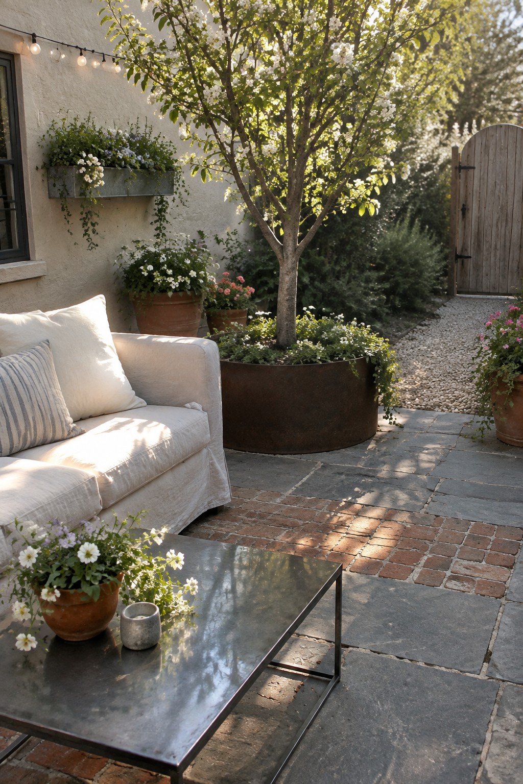 Cozy patio with white sofa, glass table, large rusty planter, and blooming flowers.