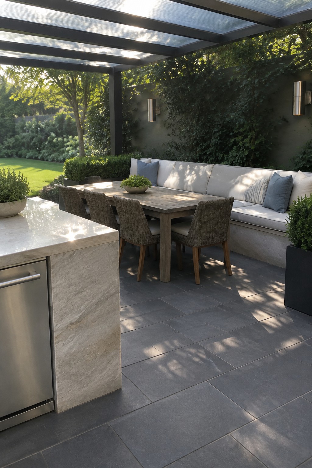 Outdoor patio with stone kitchen island, wooden dining table and chairs, built-in sofa seating, and dark paver flooring under a pergola.