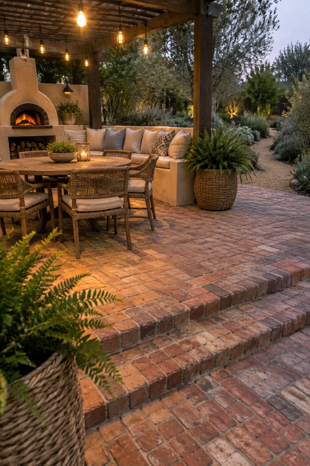 Brick patio at dusk with round dining table, wicker chairs, lit fireplace, and string lights under pergola.