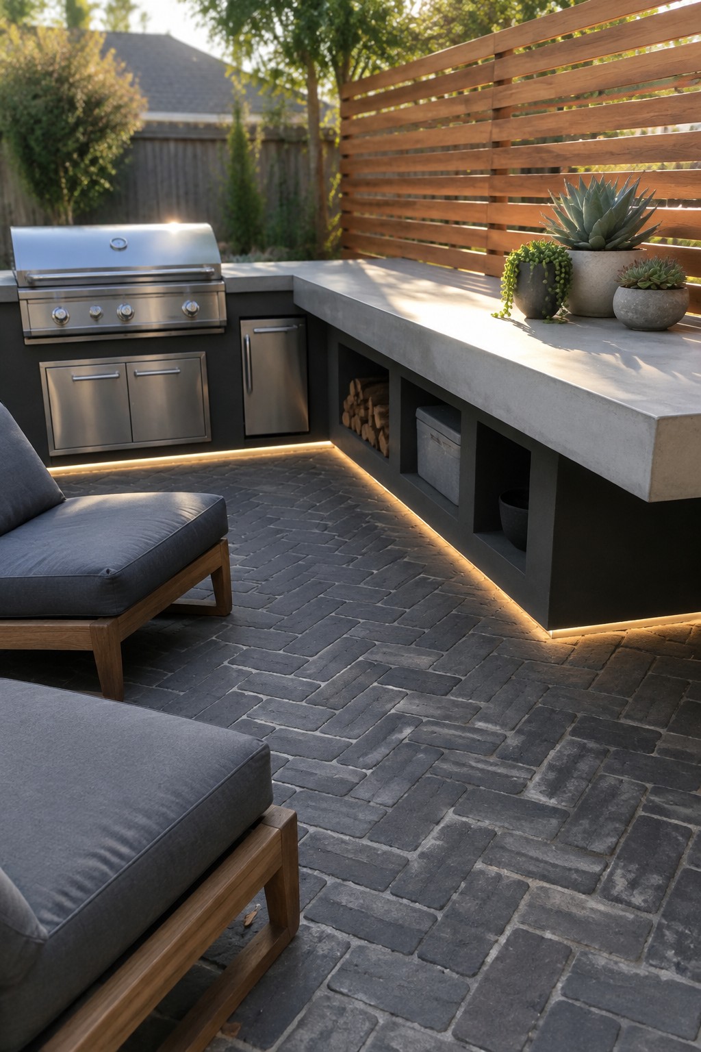 Outdoor kitchen with concrete counter, open storage cubbies holding firewood and bins, underlighting, gray paver patio, and potted plants along a wood screen.