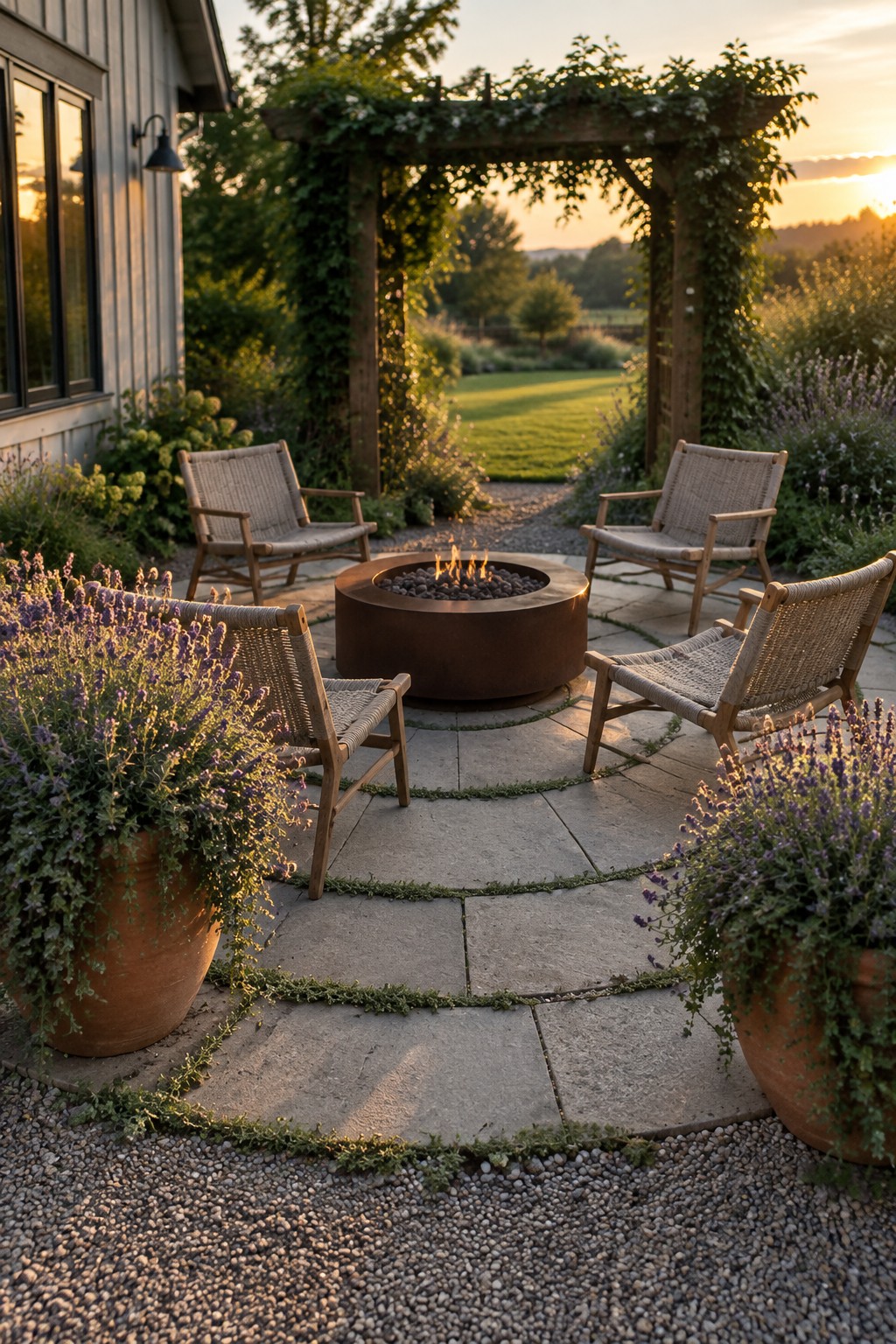 A circular stone paver patio with a central metal fire pit, four wooden chairs with woven seats arranged around it, two large terracotta pots with lavender, and a vine-covered pergola in the background at sunset.